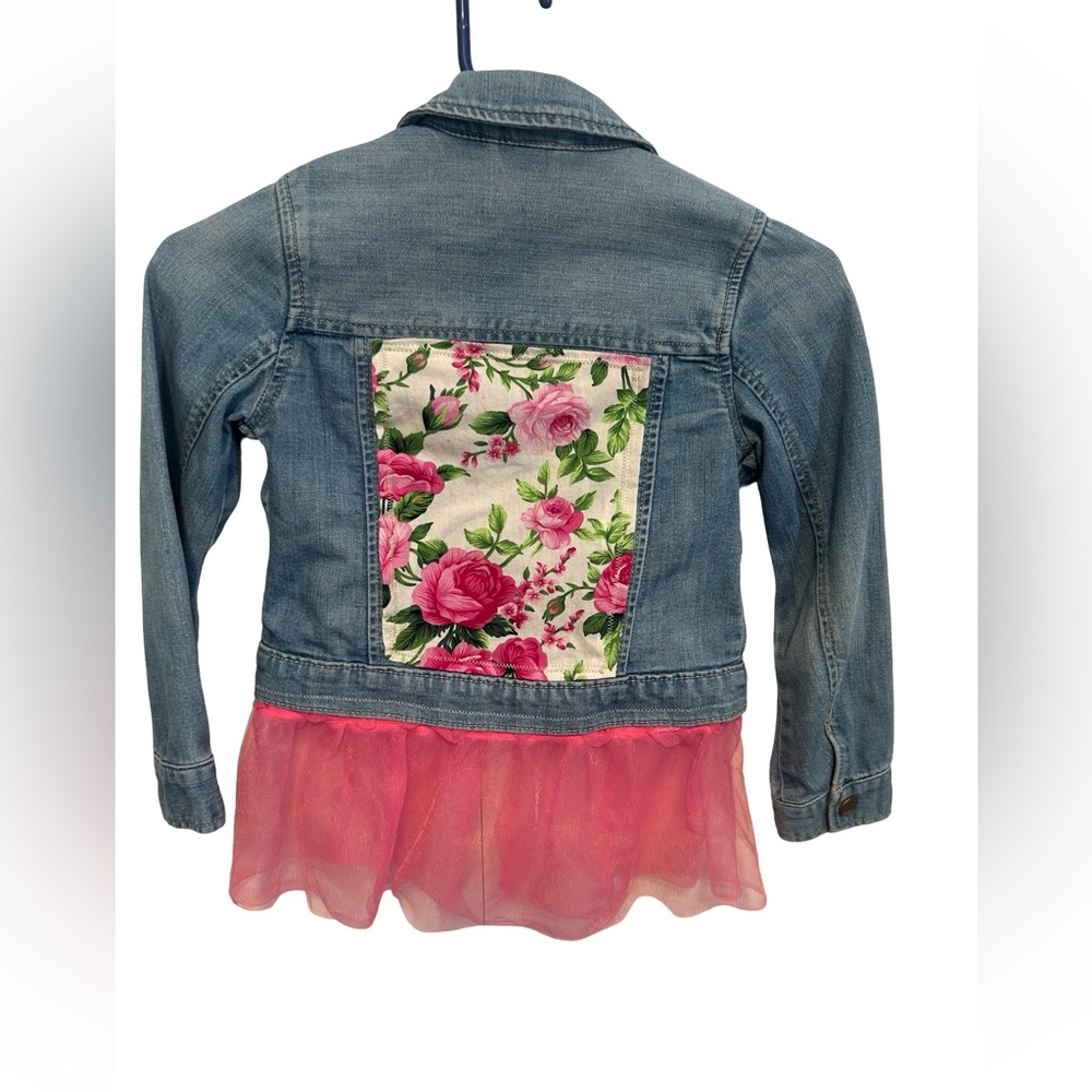 GAP Light Wash Denim Jacket with Pink Floral Panel and Pink Tulle Hem